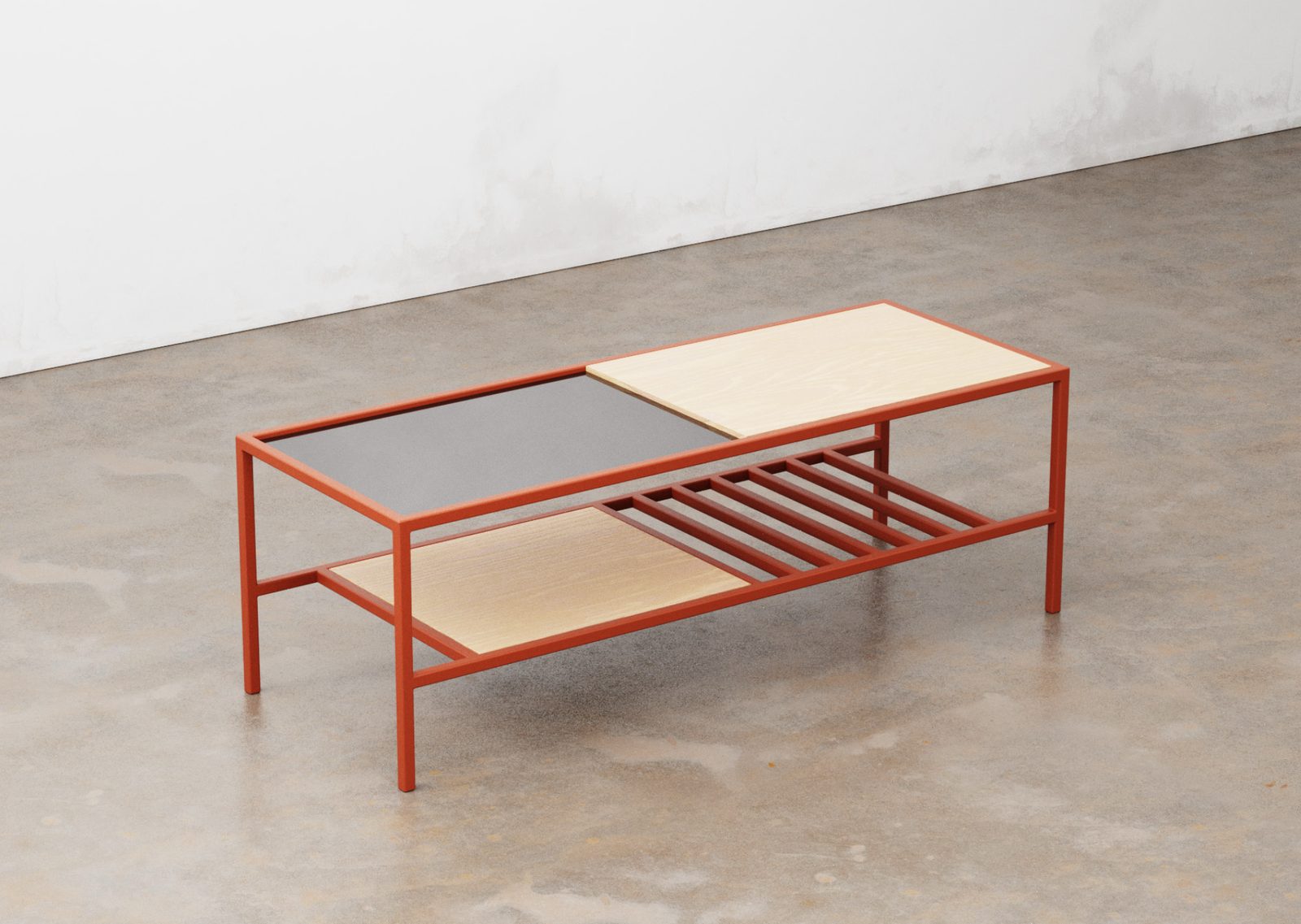 Two-tone coffee table with steel frame, glass and timber tops, and a slatted lower shelf