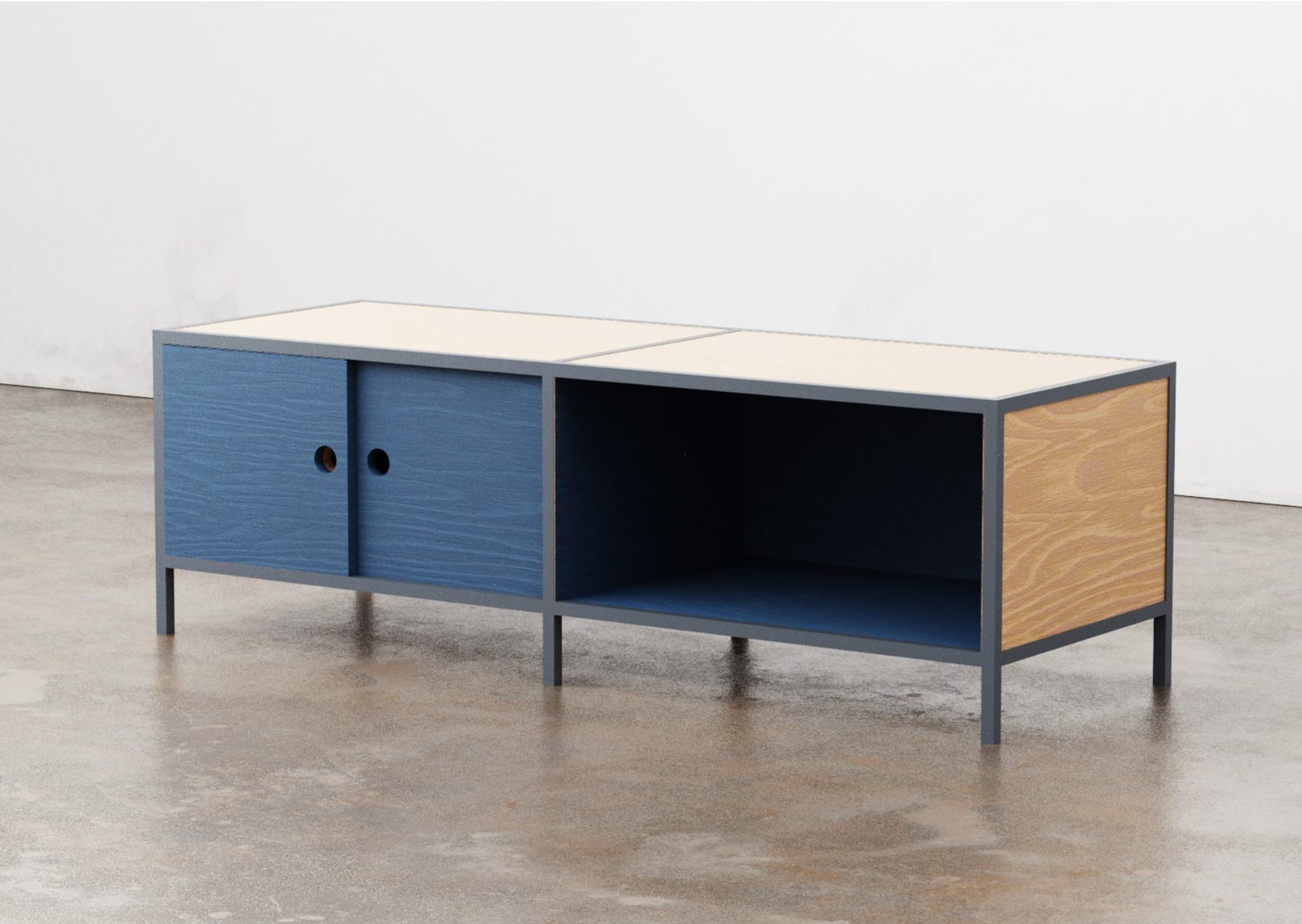 Low sliding-door media cabinet with blue timber-look doors and an open shelf bay